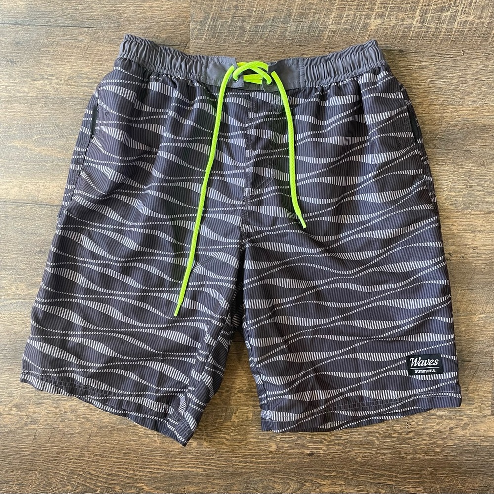 Tesla Waves Surfista Men Large Swim Trunks Black Gray Lime Abstract Print Lined